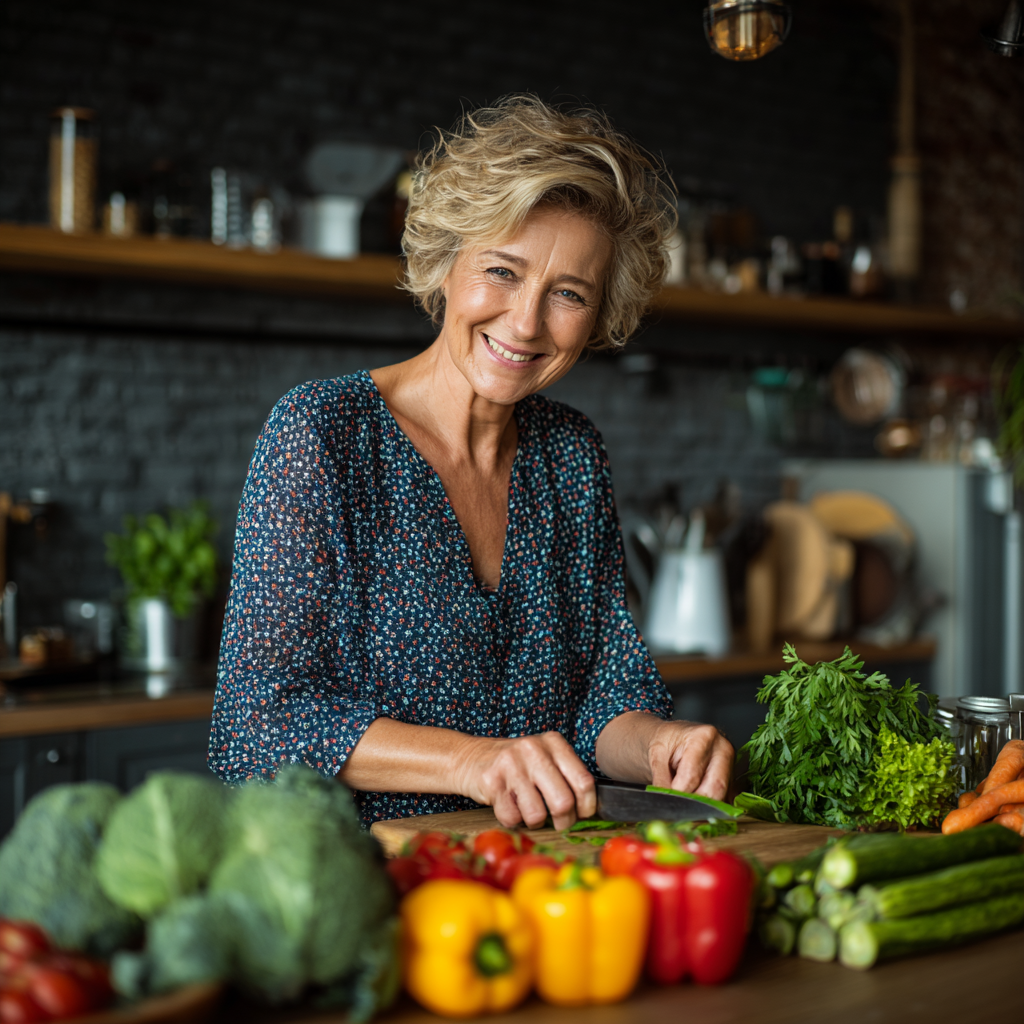 Smiling middle-aged Ukrainian woman preparing fresh vegetables and planning balanced meals in modern kitchen